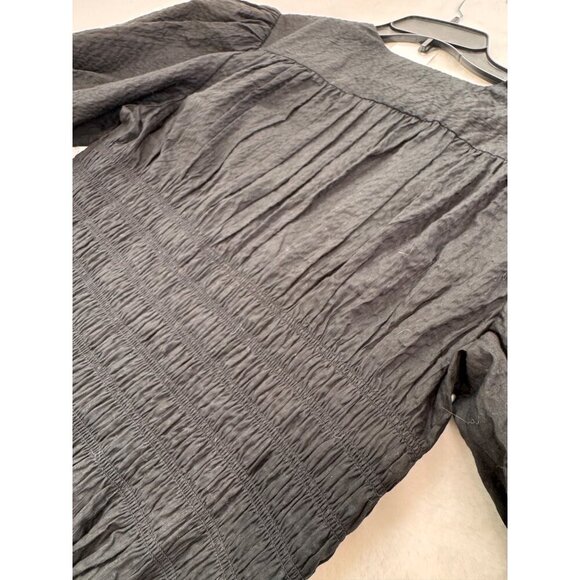 New Frame Women's Size XL Black Smocked Button-Down Dress Short Puff Sleeves - Picture 9 of 14